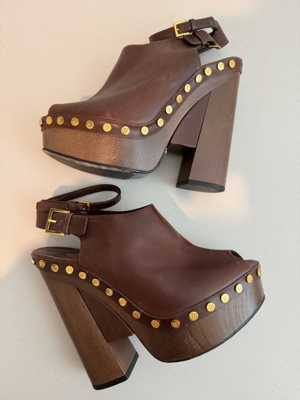 Tom Ford Heels Size 39 Brown Leather Studded Open Toe Platform Sandal Retro